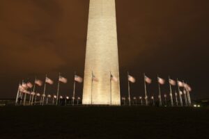 Flags at Base of the Washington Monument in Washington DC at Night