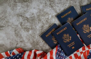 American passports and flag with the symbols of the United States of America.