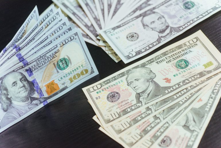 American Dollars. One Hundred Dollar Banknotes, 100, 10, 5 dolla